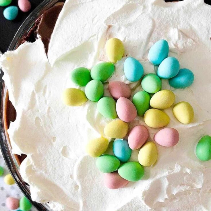 Easter trifle topped with colorful Easter eggs