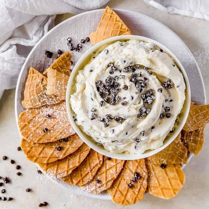 A bowl of Easy cannoli dip topped with chocolate chips