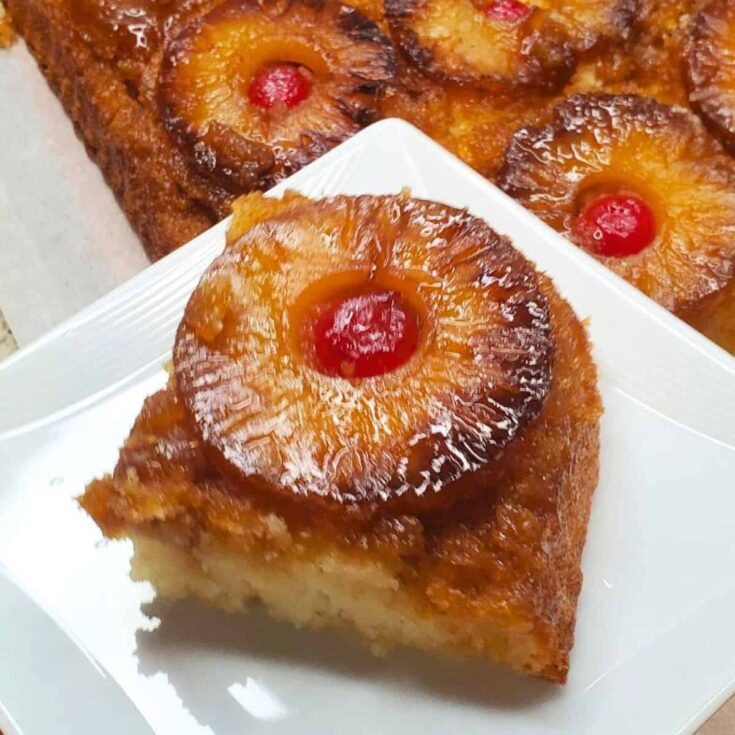 A slice of fireball pineapple upside-down cake