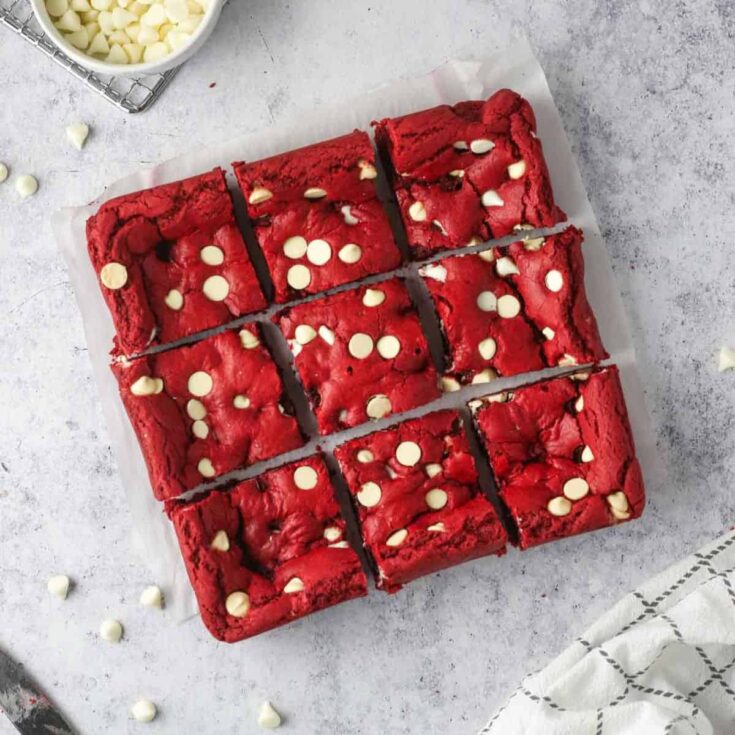 Sliced fudgy red velvet cake mix brownies