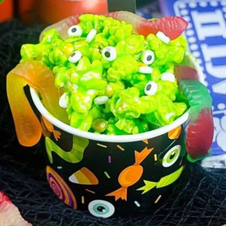 Ghoulish Goosebumps with worm gummies in a paper cup