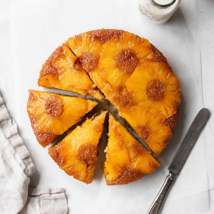 Sliced gluten-free pineapple upside-down cake