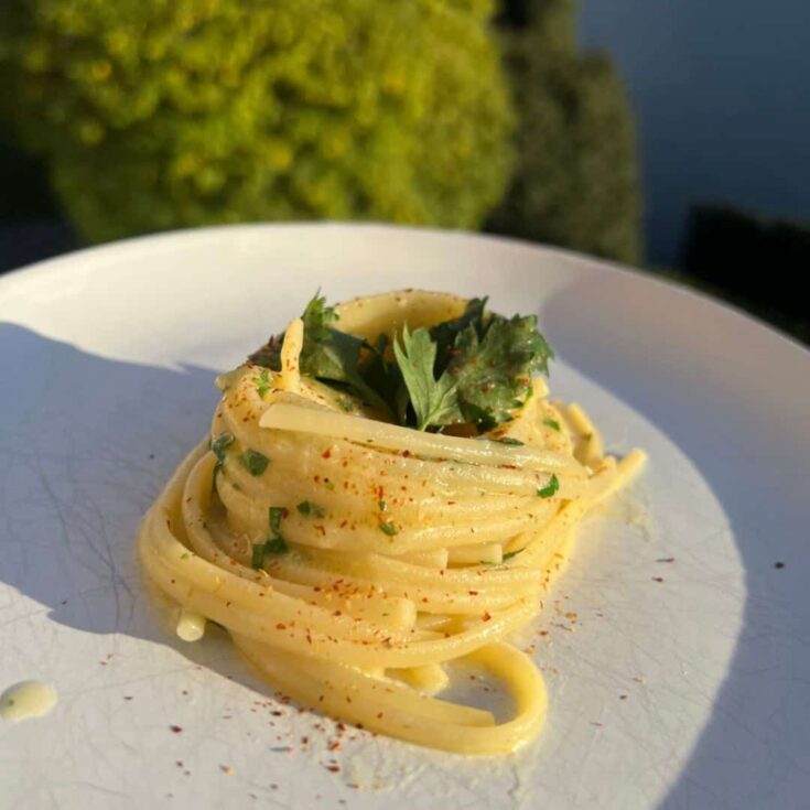 A plate with spaghettu aaglio e peperoni on it