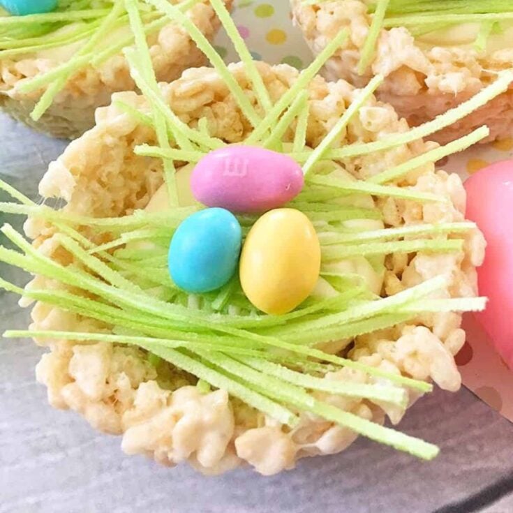 No-bake Rice Krispie nests topped with colorful m&m's