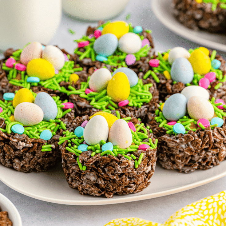 No-bake chocolate Easter nests topped with colorful Easter eggs