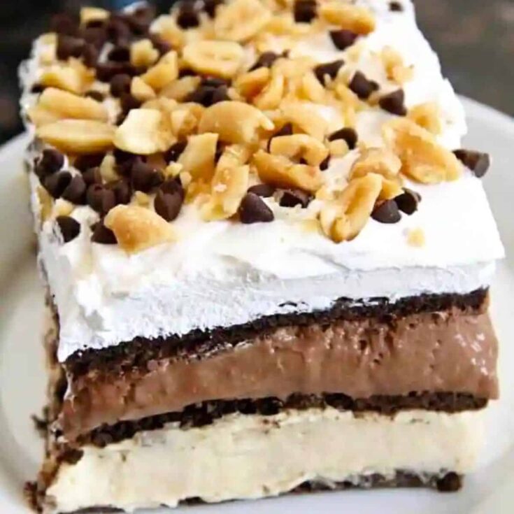 A slice of no-bake chocolate peanut butter lasagna