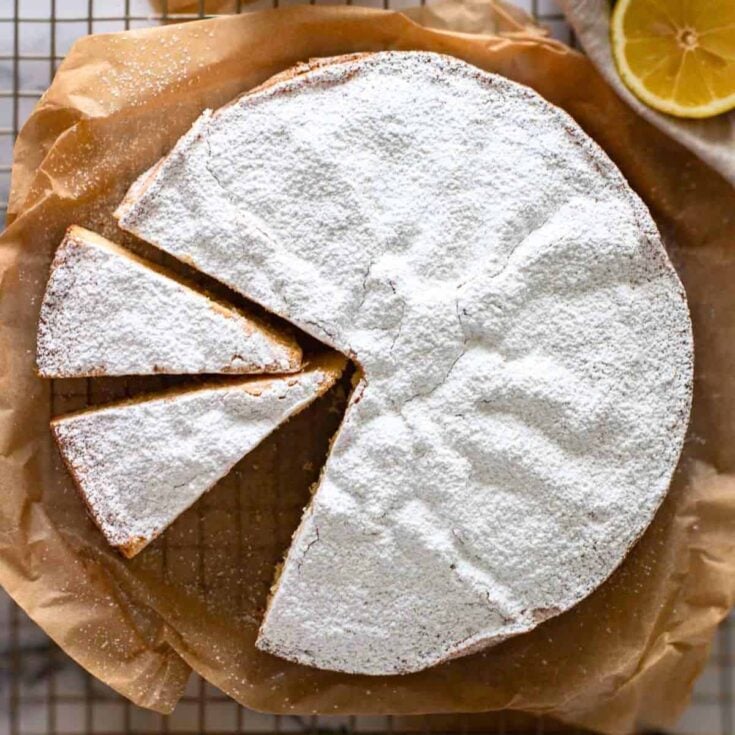A sliced Paradise Italian Torta Paradiso cake