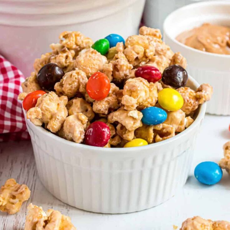Peanut butter caramel corn with m&m's