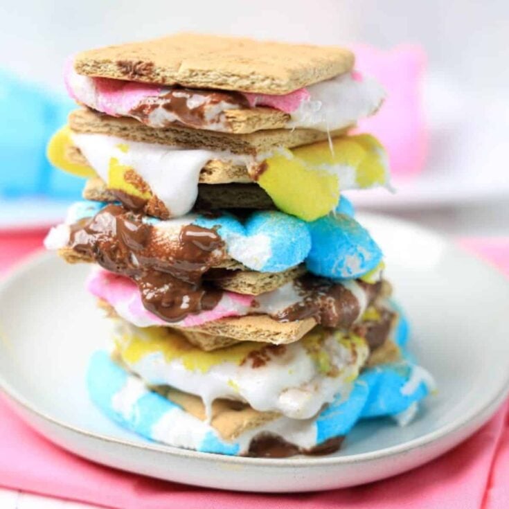 A stack of colorful Peeps s'mores