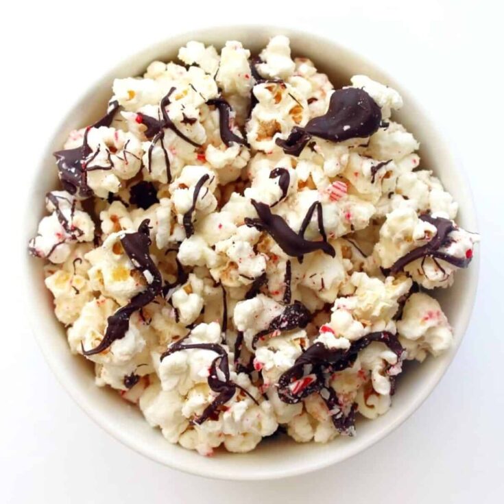 Peppermint bark popcorn in a bowl