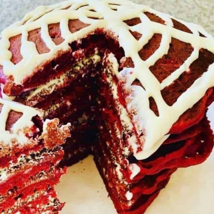 Sliced red velvet pancakes