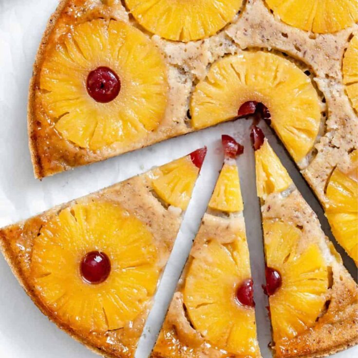 Sliced retro vegan pineapple upside-down cake