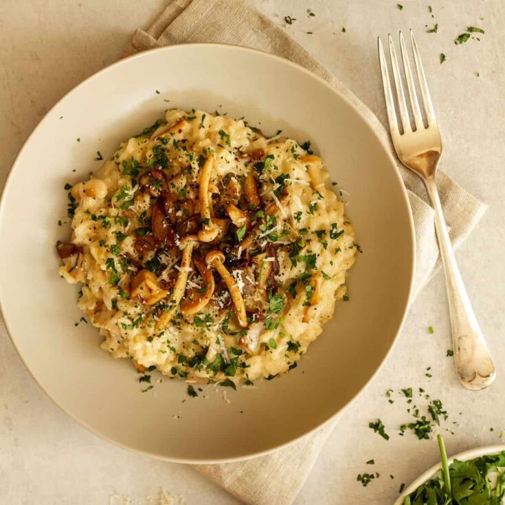 Risotto ai Funghi Mushroom garlic and parmesan risotto on a plate