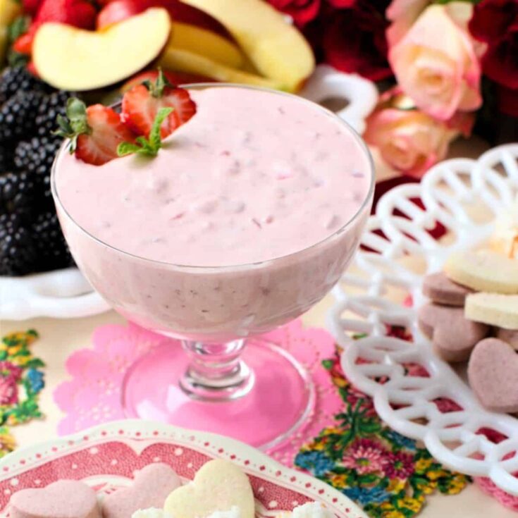 A glass of strawberry flip fruit dip
