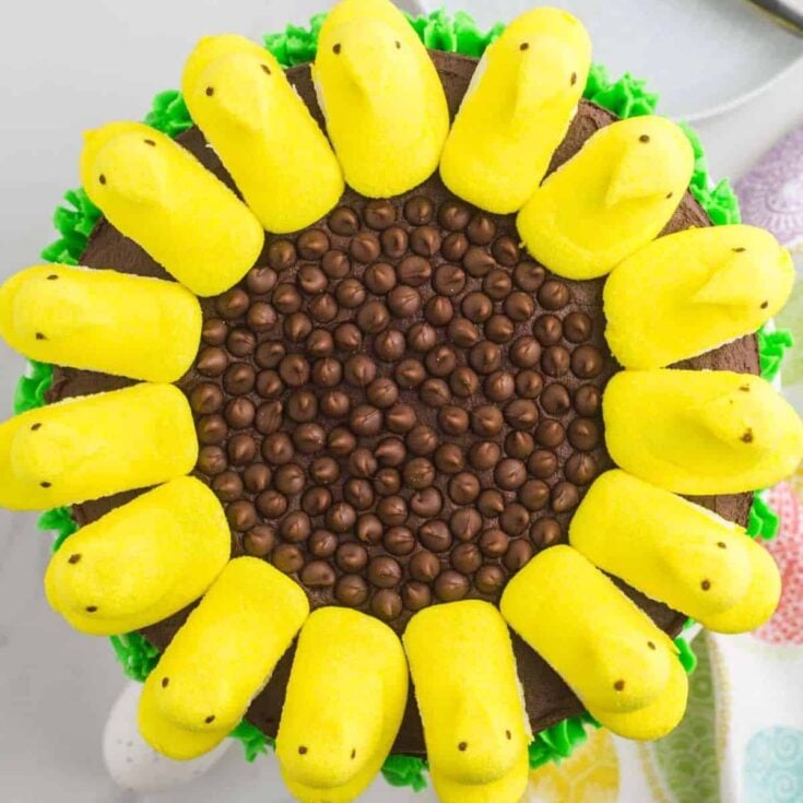 Sunflower cake with peeps made after reading these Easter cake recipes