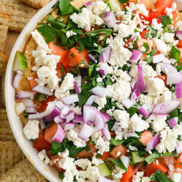 A bowl of super easy loaded hummus