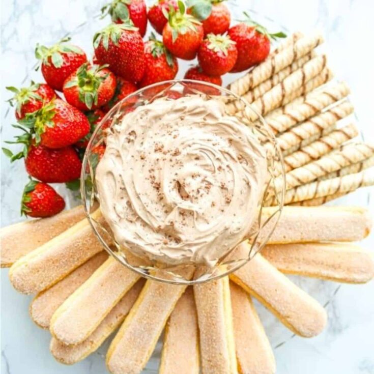 Tiramisu dip sided with strawberries and biscuits