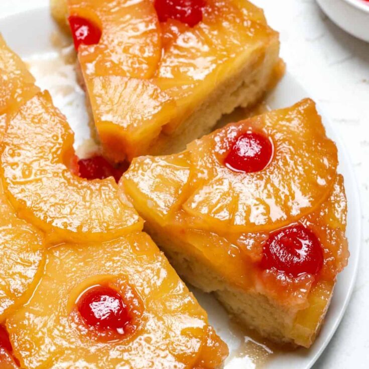 Sliced vegan pineapple upside-down cake