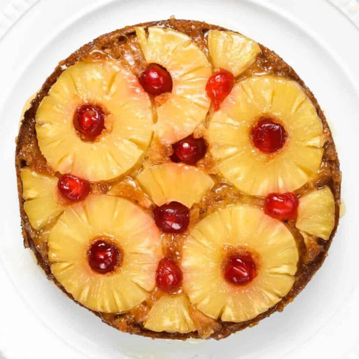 Vegan pineapple upside-down cake with cherries