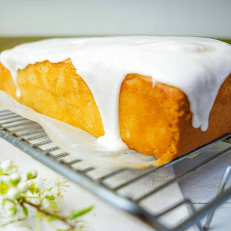 Vegan lemon poundcake with elderflower cream cheese frosting