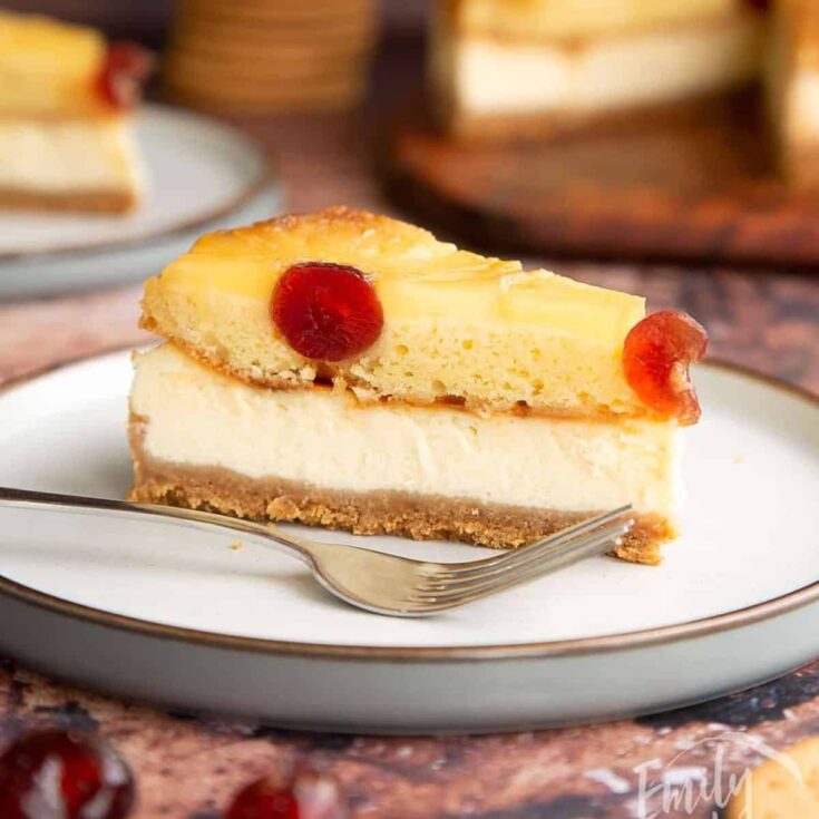A slice of cheesecake pineapple upside-down cake