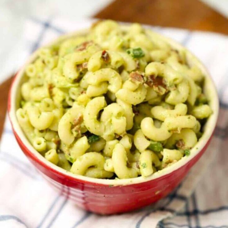 A small bowl of avocado pasta salad