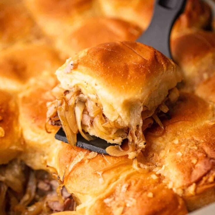 Baked roast beef sliders with caramelized onions