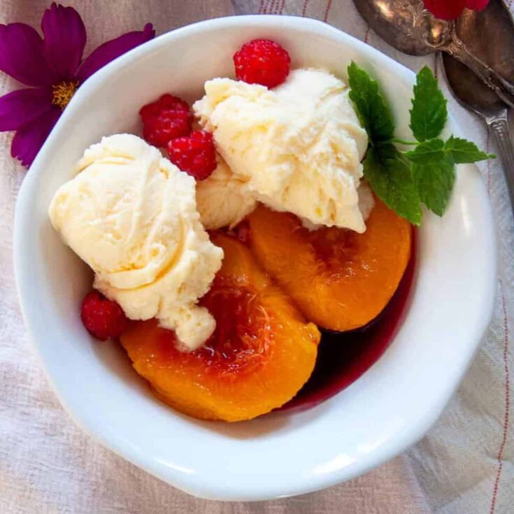 Classic peach melba in a bowl