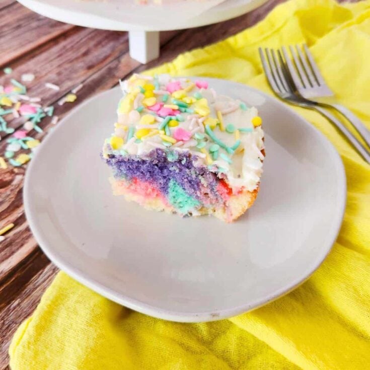 Colorful rainbow swirl cake made after reading these Unicorn party food