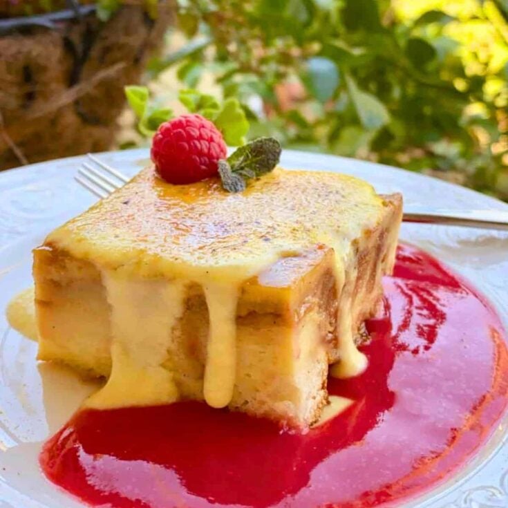 A plate of creme brulee bread pudding