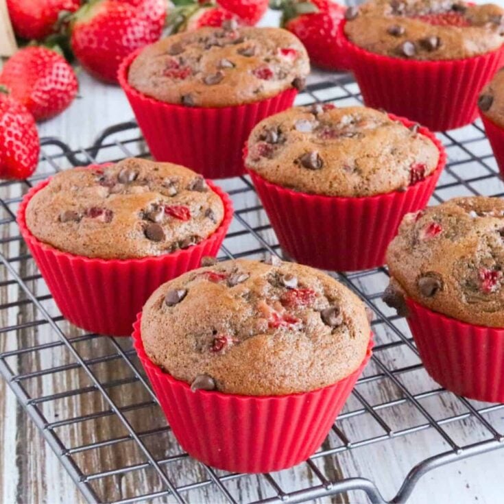 Double chocolate muffins with fresh strawberries
