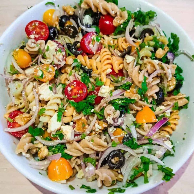 A bowl of balsamic pasta salad