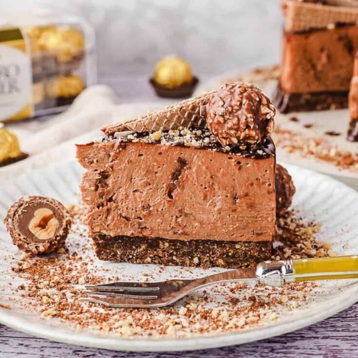 A slice of Ferrero Rocher cheesecake
