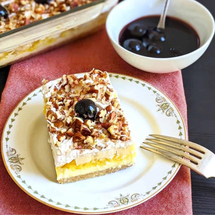 A slice of gourmet no-bake banana split&nbsp;cake