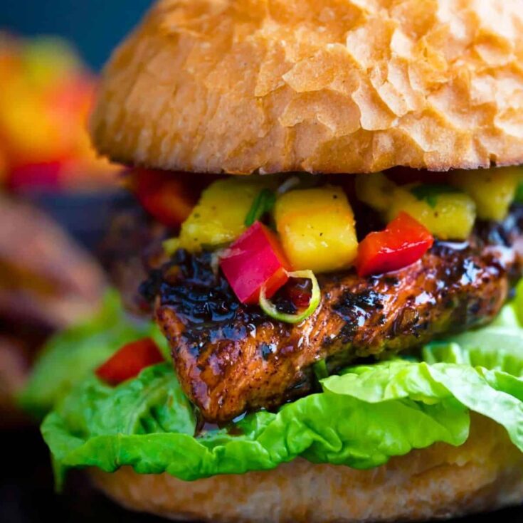 Jerk chicken burger with mango salsa