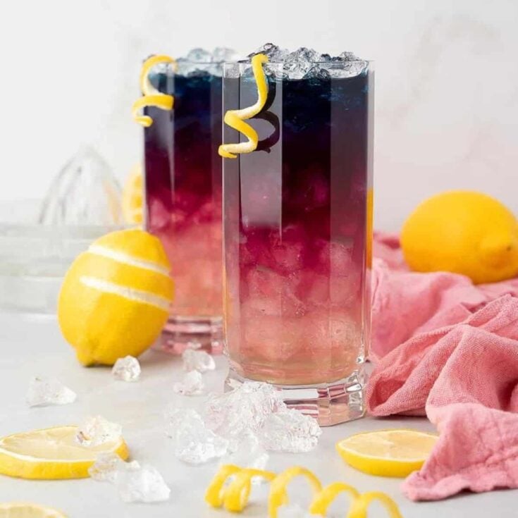 Two glasses of magic color changing lemonade