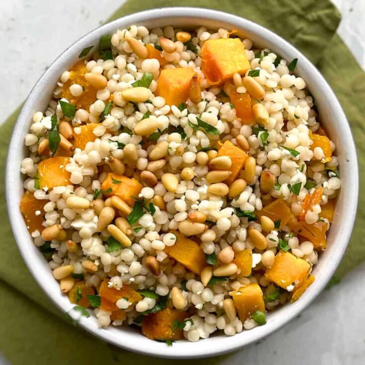A bowl of Mediterranean pumpkin couscous salad