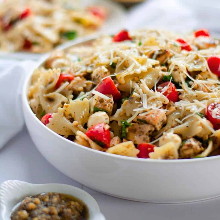A bowl of Pesto pasta salad with chicken