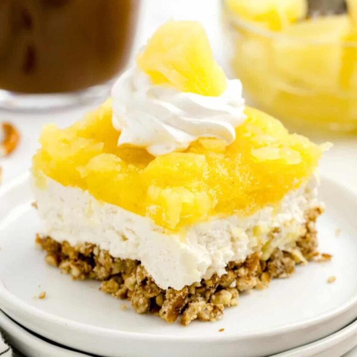 A plate of pineapple pretzel salad made after reading these Pineapple dessert recipes