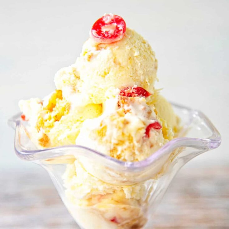 A glass of pineapple upside down cake ice cream