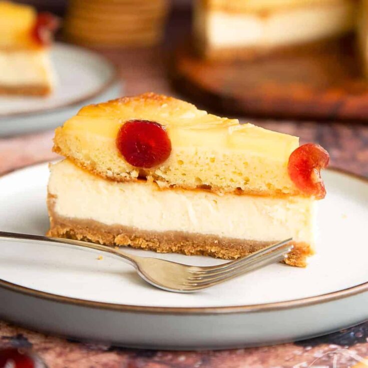 A slice of pineapple upside down cheesecake