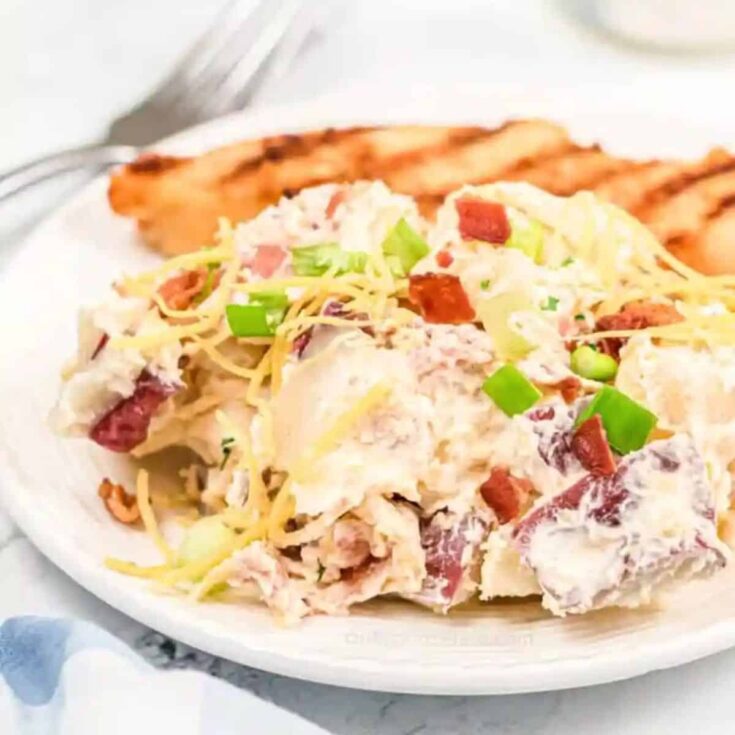 A plate of loaded baked potato salad