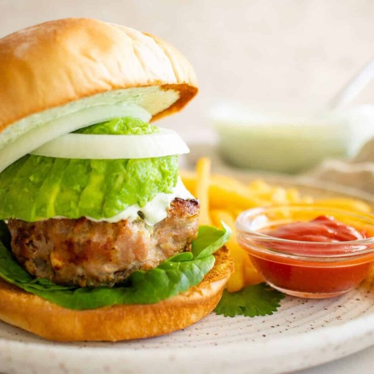 Turkey avocado burger with fries on the side