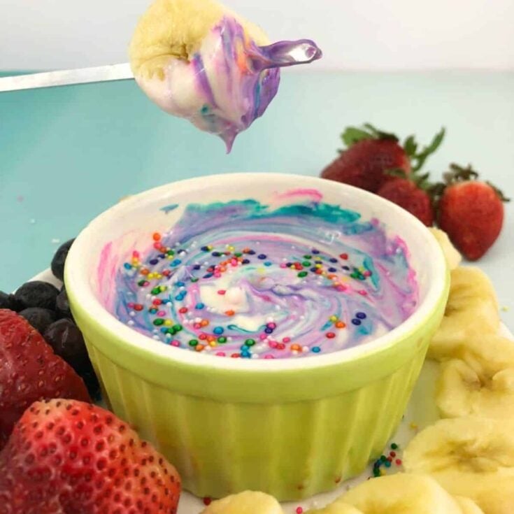 Colorful unicorn fruit dip