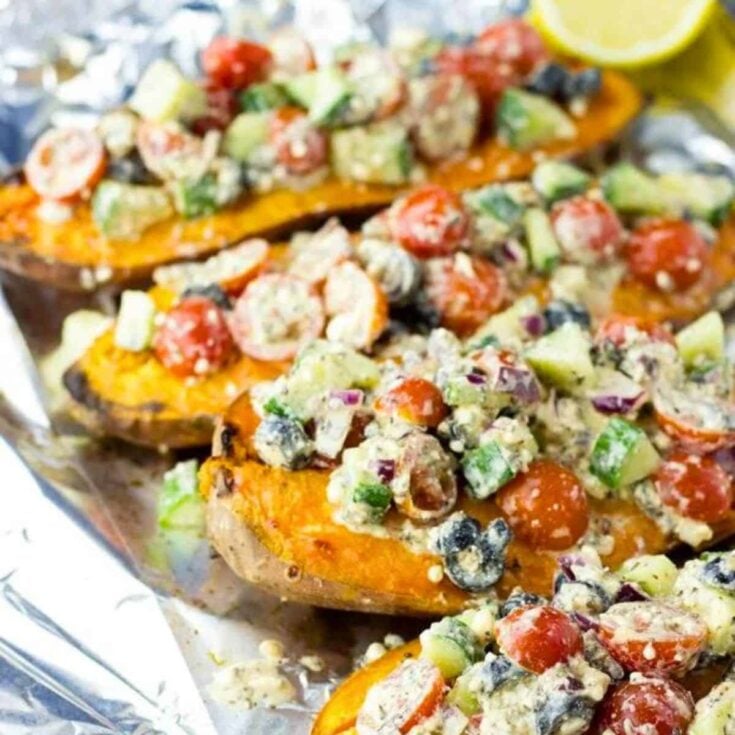 Baked sweet potatoes with feta salad
