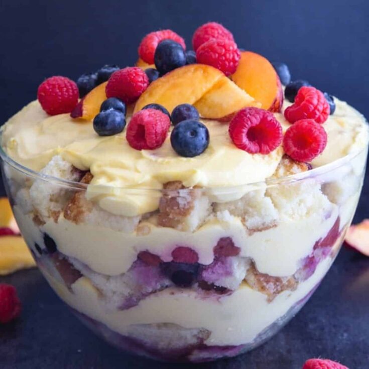 A big bowl of berry trifle with Italian pastry cream