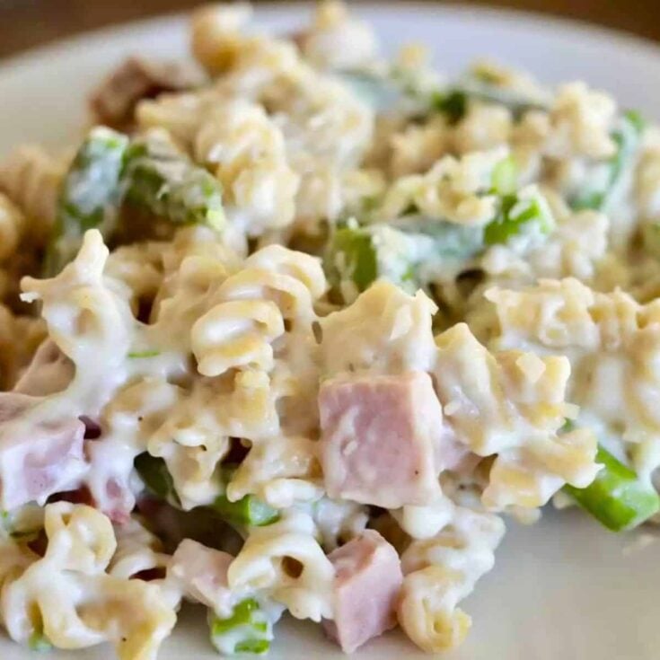 A plate of cheesy ham and asparagus pasta&nbsp;