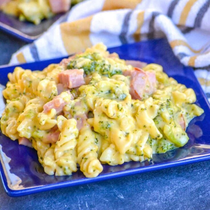 Cheesy ham and broccoli pasta on a plate