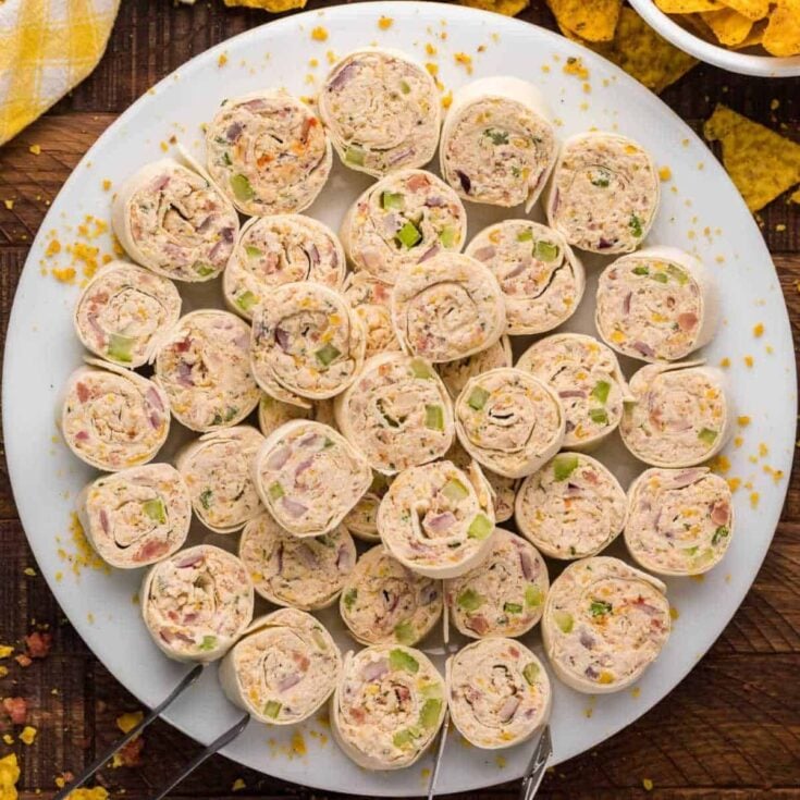 A big plate of chicken pinwheel appetizers