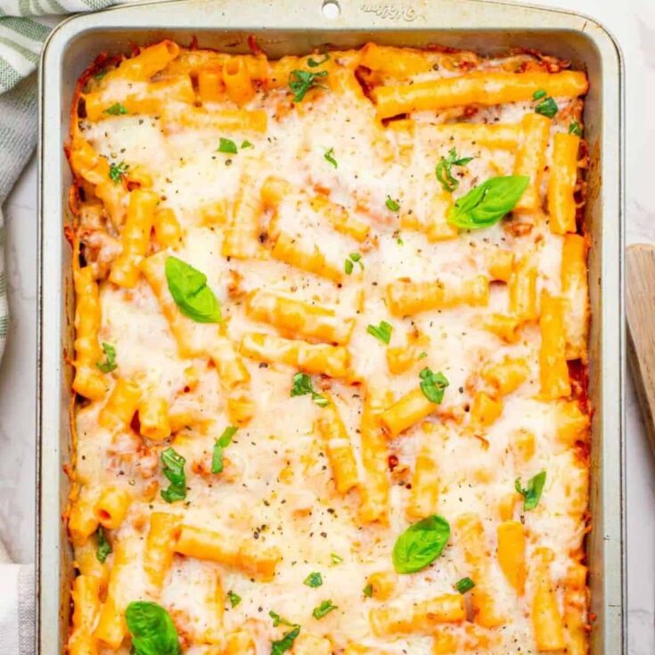 Classic baked ziti in a tray
